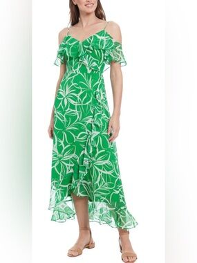 London Times Green and White Floral High-Low Ruffle Dress
